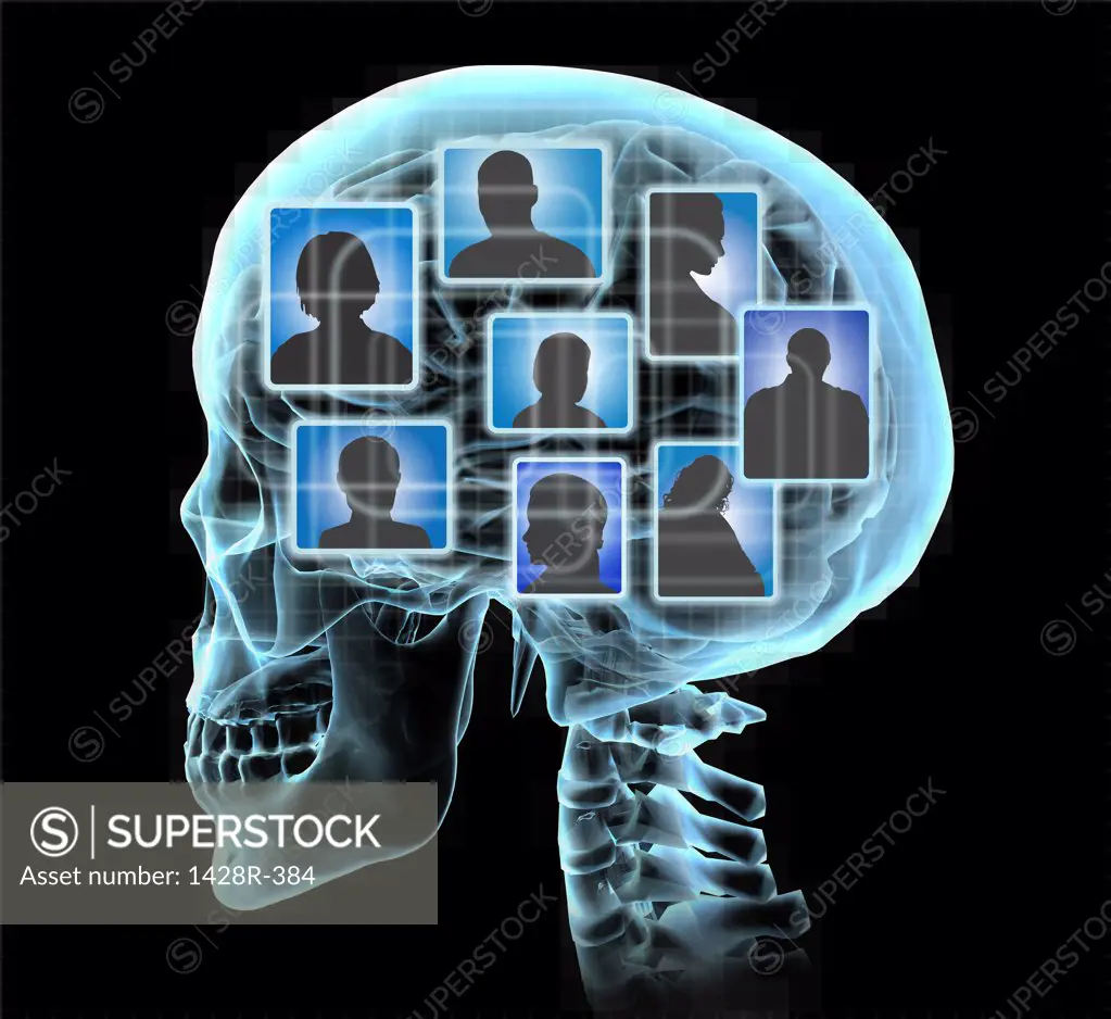 Social networking represented by blue icons inside a skull and brain