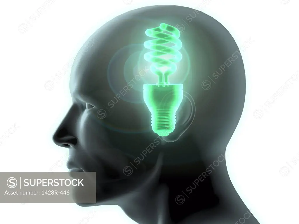 Close-up of a man's head with a glowing CFL green light bulb inside
