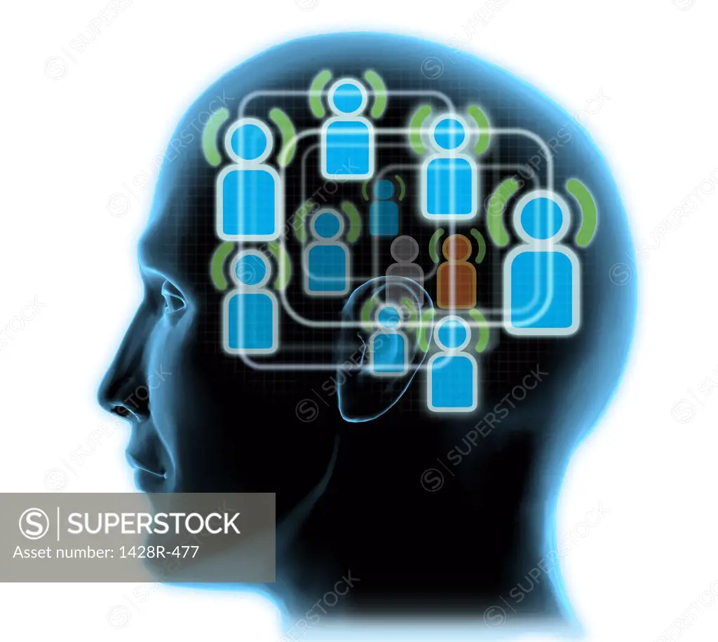Close-up of a man's head with blue friends icons inside