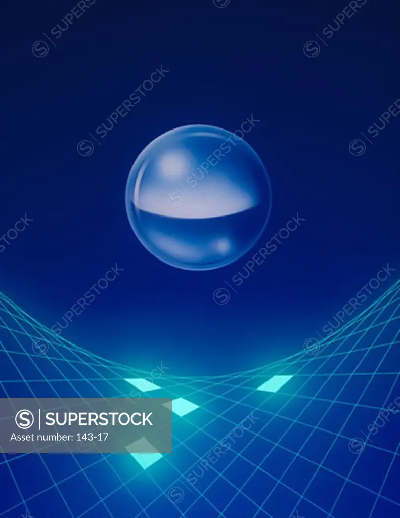 Sphere above wave grid against blue background