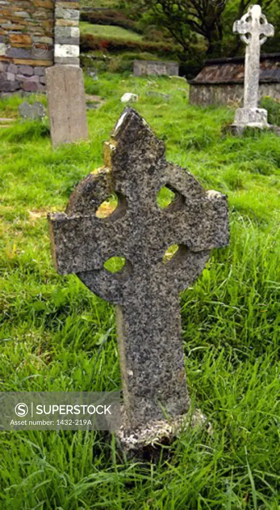 Close-up of a Celtic cross in a cemetery, Kilmalkedar, County Kerry, Ireland