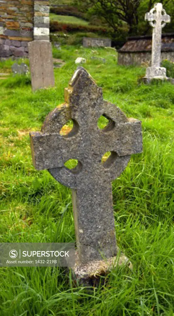 Close-up of a Celtic cross in a cemetery, Kilmalkedar, County Kerry, Ireland