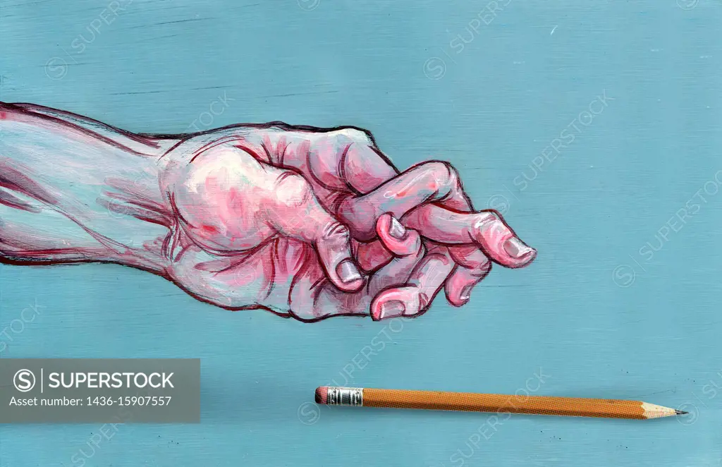 Illustrative image of man's hand with jumbled fingers and pen representing Arthritis.