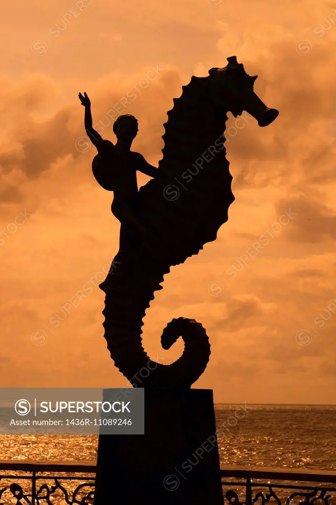 Caballito del Mar Statue after sunset, Puerto Vallarta, Mexico.