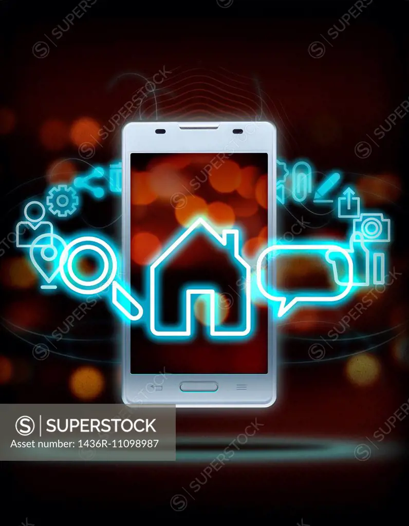Illustration of various mobile applications rotating around smart phone over colored background.