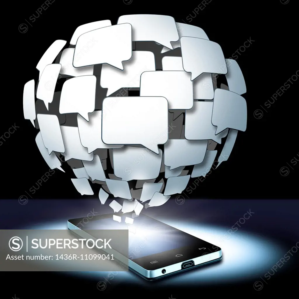 Illustrative image of chat bubbles coming out from smart phone representing social networking.