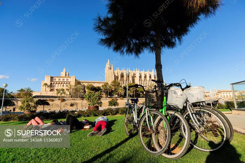 View of the Cathedral from the Parc de la Mar, Palma. Majorca, Balearic Islands, Spain