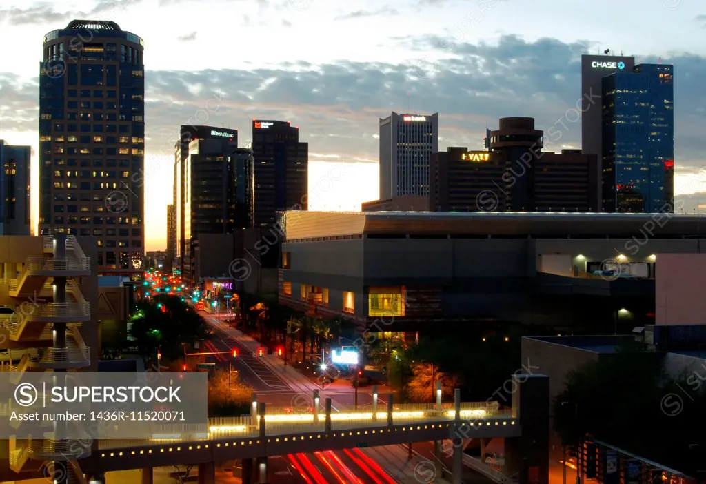 Phoenix, AZ, USA - October 17, 2014: Downtown Phoenix, AZ skyline at dusk. Phoenix is the capital of arizona with a population of 1 1/2 million reside...