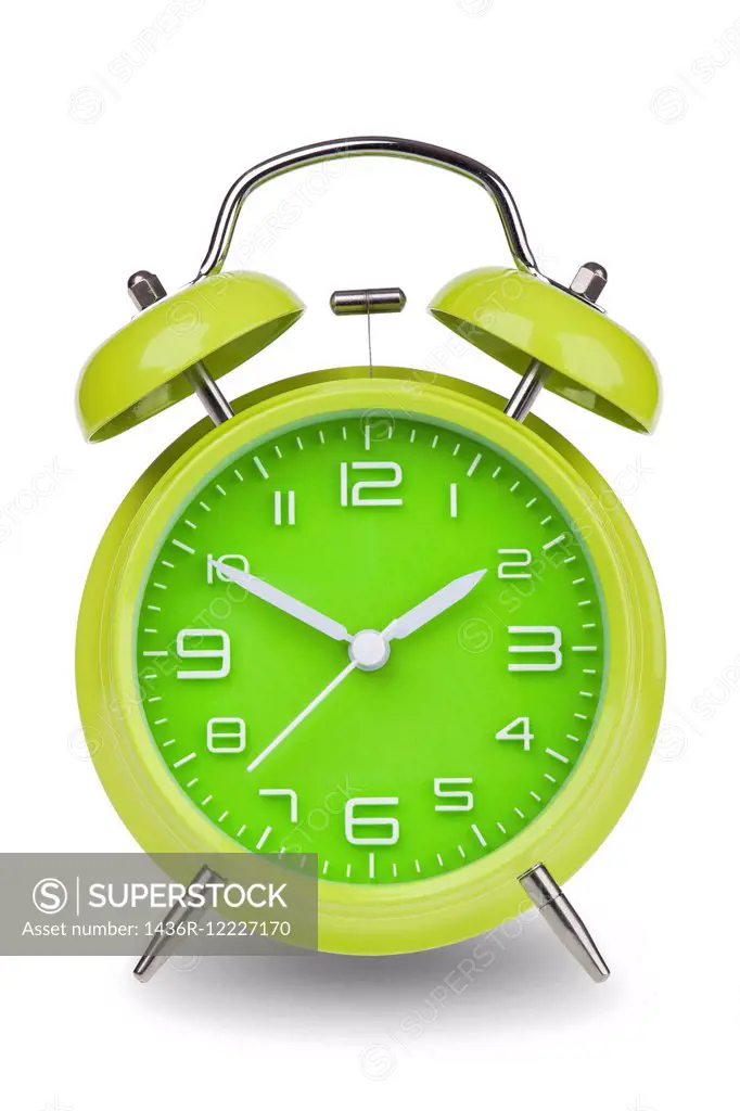 Green alarm clock with the hands at 10 and 2 isolated on a white background.