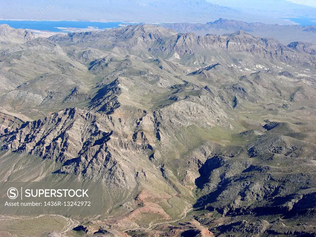View by air of the mountains of Nevada near Lake Mead in the USA.