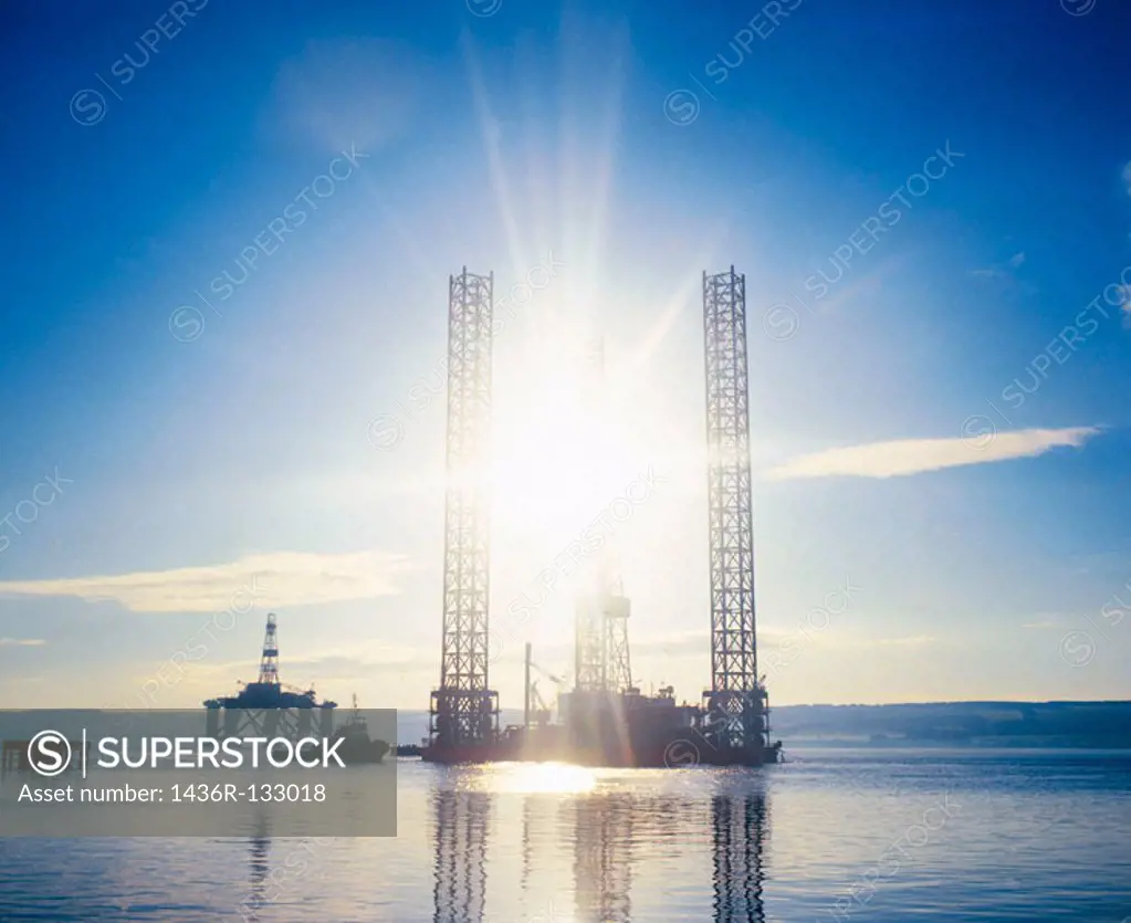 Jack-up oil rig under tow. Cromarty Firth. Scotland
