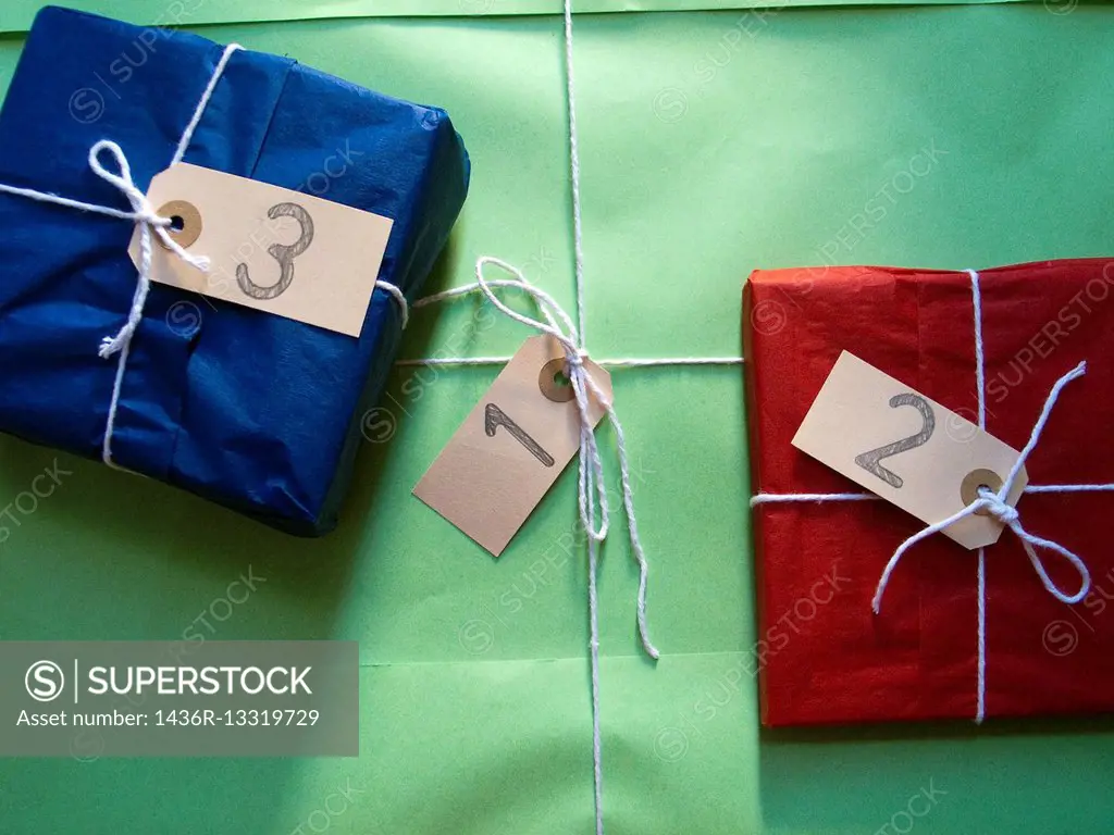 closeup of some gift packages listed 1 to 3.