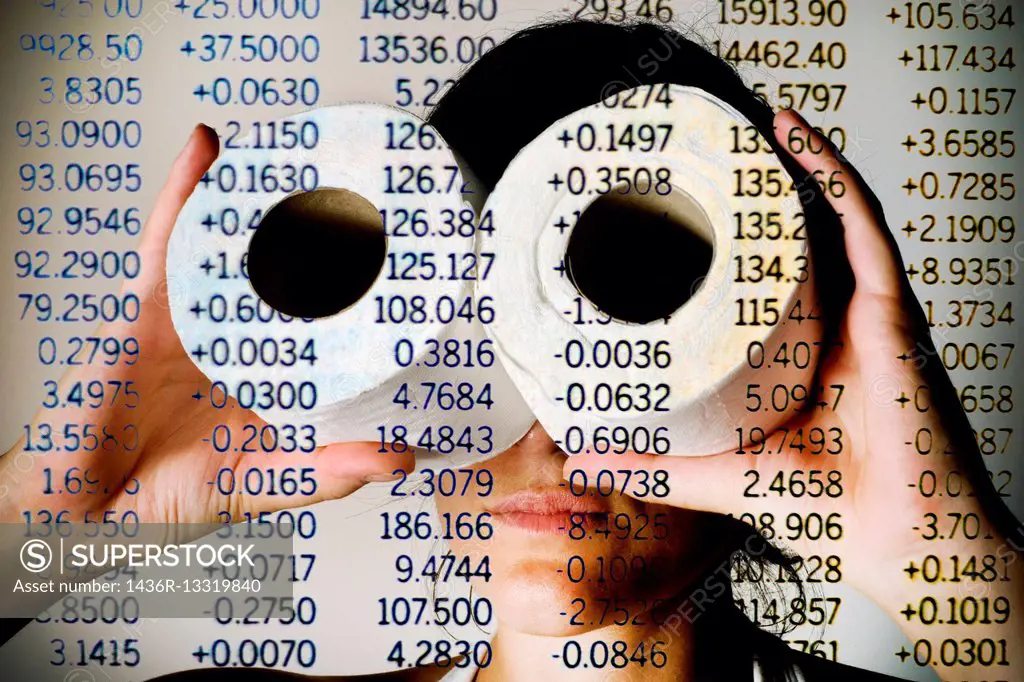 Money market, digital composition of a woman looking through toilet paper rolls on a list of a stock exchange numbers