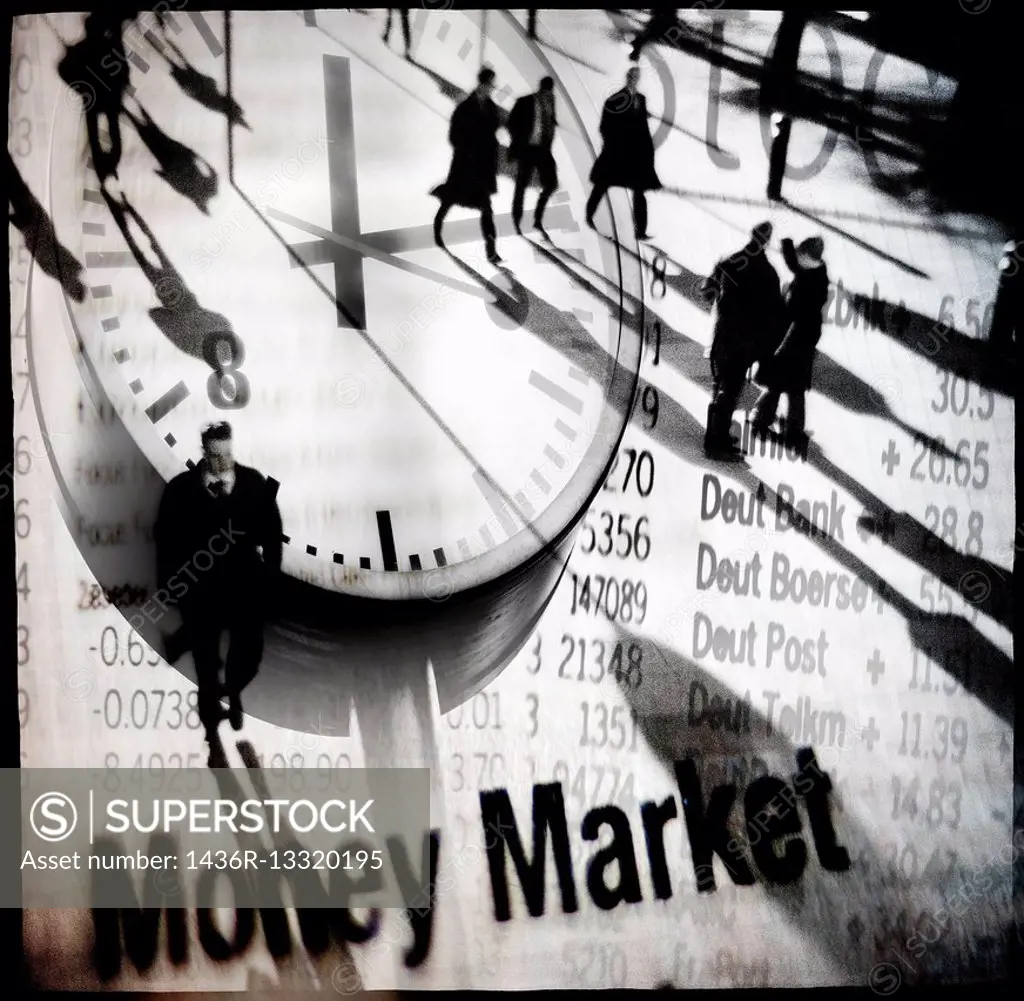 Money Market. digital composition of a group of unrecognizable executives walking on an economic chart with a clock. Money Market.