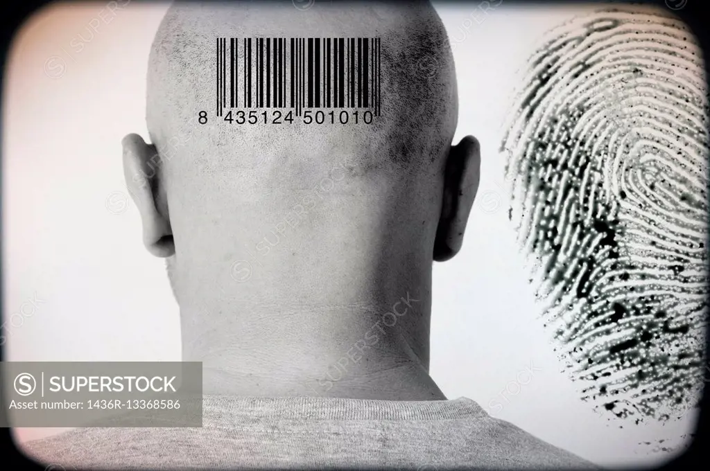 Closeup of a man´s head rear view with a bar code and a digital print in the back ground.