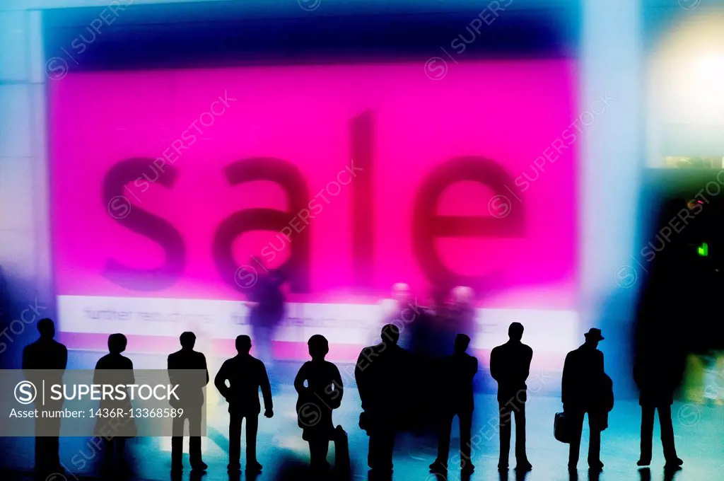 Digital composition of several silhouettes of unrecognizable people, looking a sale advert