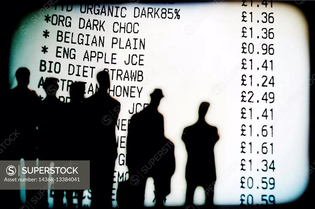 Digital composition of several silhouettes of unrecognizable people, looking at a price list from a supermarket.
