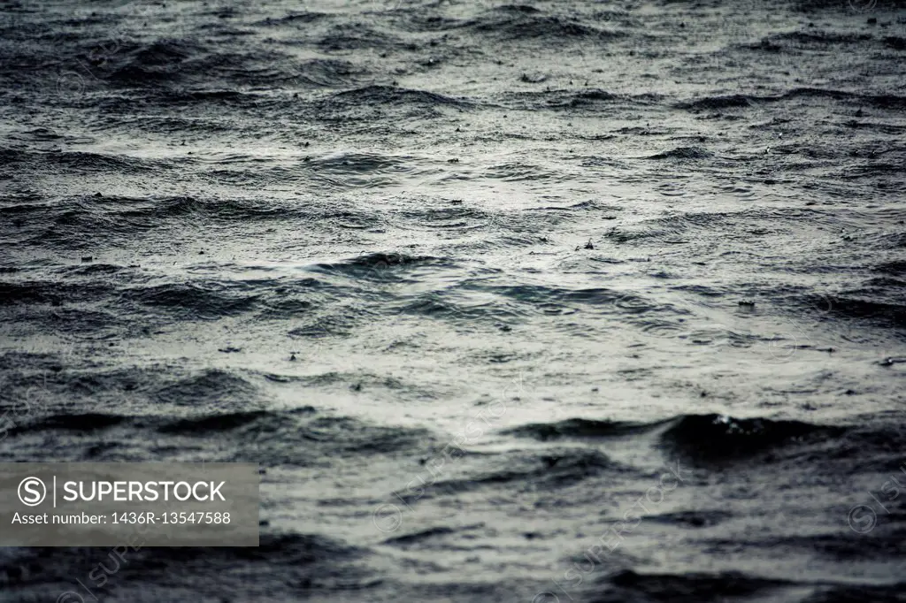 Rain falling on water surface. Close up of stormy sea with raindrops. Abstract nature detail.