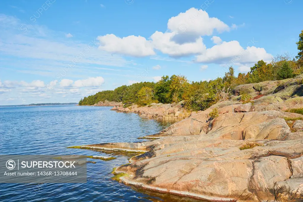 Rocky shore of island of Grinda, Stockholm archipelago, Sweden, Scandinavia.