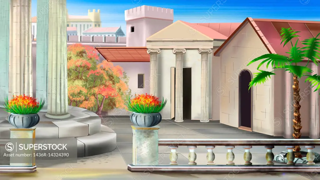 Antique courtyard in a summer sunny day. Digital painting background, Illustration in cartoon style character.