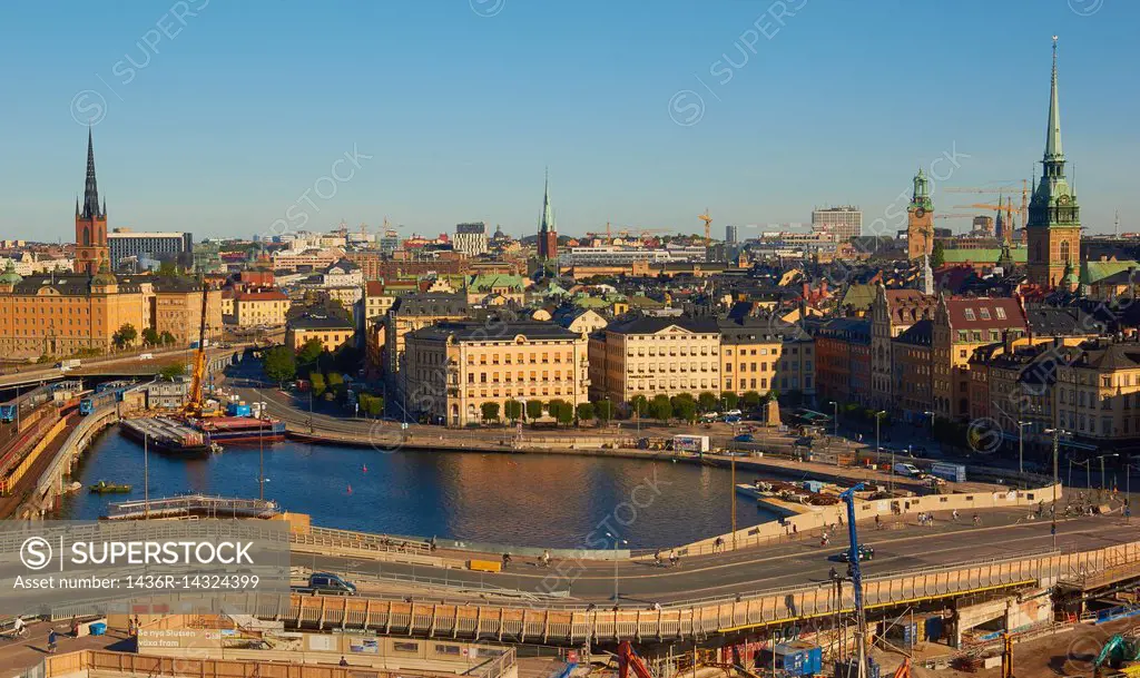 Cityscape with island of Gamla Stan (old town) and on the skyline to the left spire of Riddarholmskyrkan church on Riddarholmen island, Stockholm, Swe...