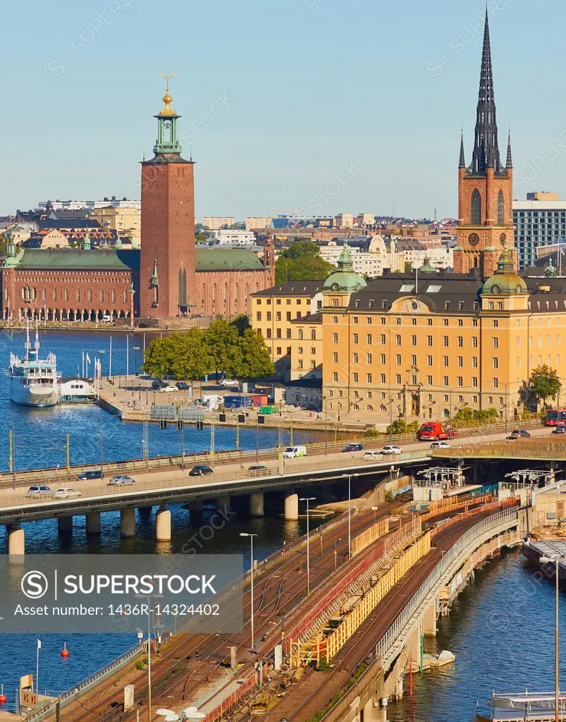 Cityscape with Centralbron (Central Bridge) a major traffic route in central Stockholm. On the skyline to the left is Stadshuset (City Hall) and to th...