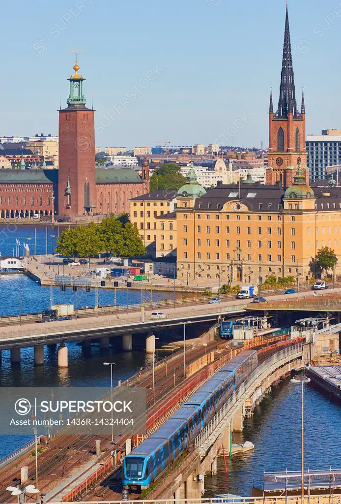 Cityscape with Centralbron (Central Bridge) a major traffic route in central Stockholm and bridge for freight and commuter trains. On the skyline to t...