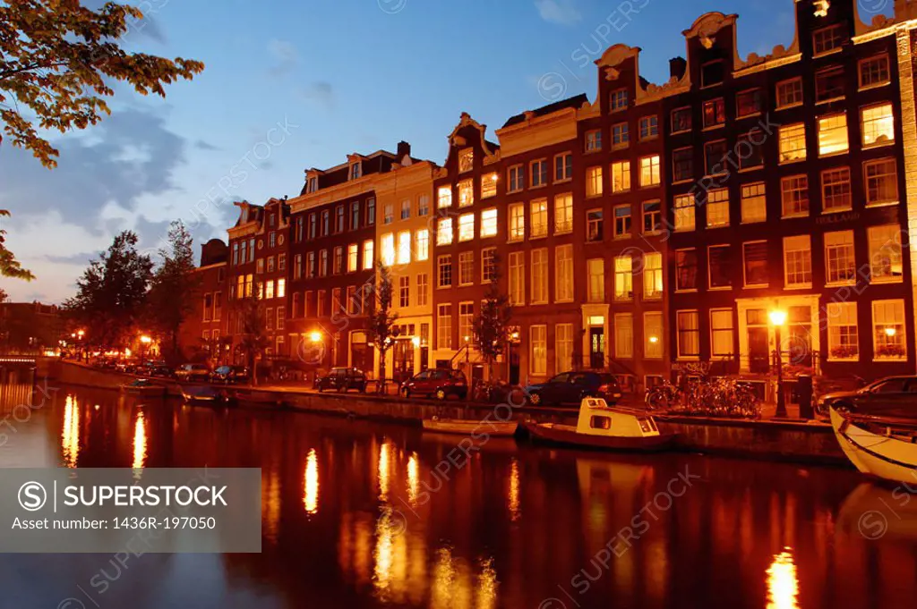 Canal houses at night. Amsterdam. Holland