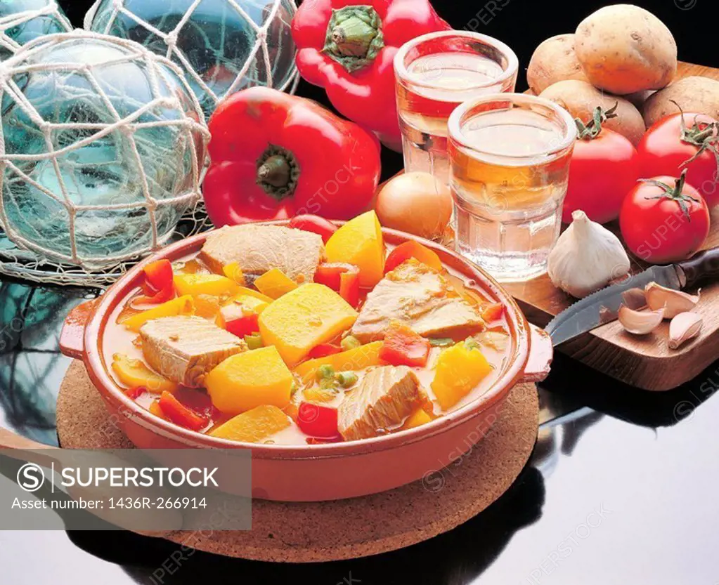 ´Marmitako´ typical Basque tuna stew with potatoes, onions, peppers and tomatoes