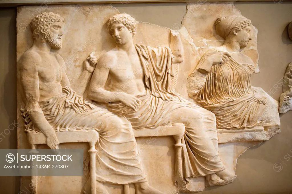 Carved slap of Poseidon, Apollo, and Aartemis at the Acropolis museum. Athens, Greece.