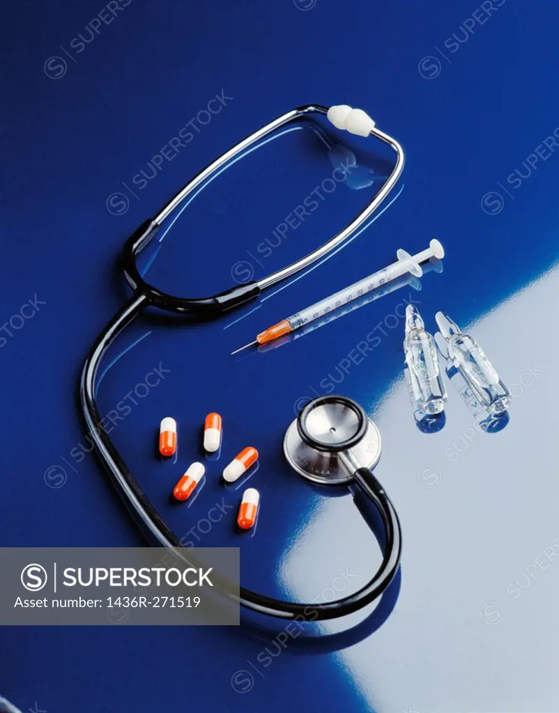 Stethoscope, pills and injections