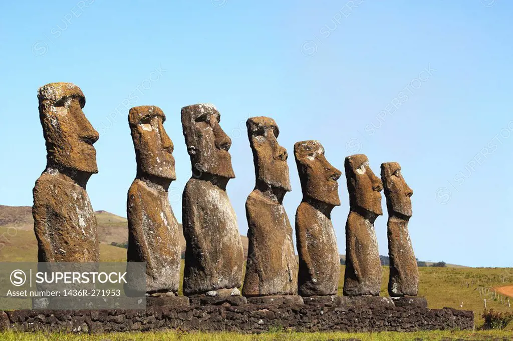 Chile, Easter Island, Rapa Nui, the seven mois of Ahu Akivi represent acording to legend the seven explorers sent by King Matua from Hiva