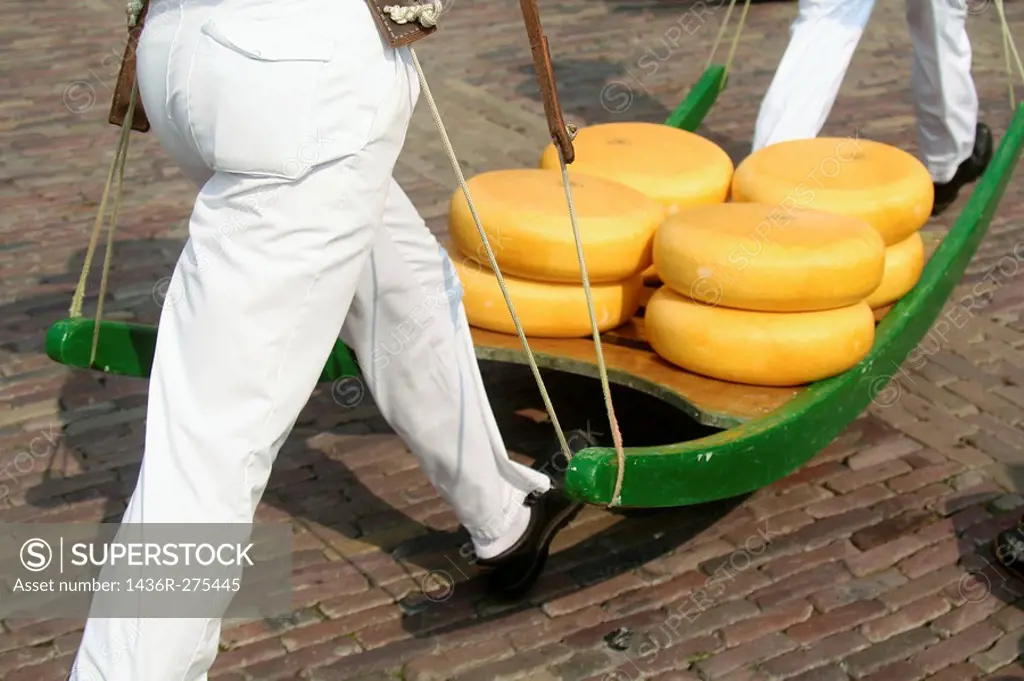 Running carriers with cheese on pallet, cheese market, Kaasmarkt, Alkmaar, Holland, Netherlands