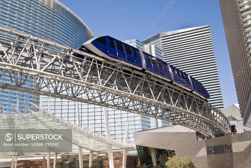 A monorail tram passes by the ultra-modern CityCenter complex in Las Vegas