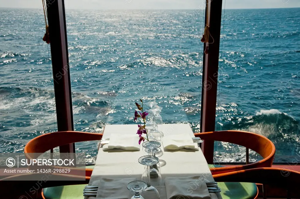 A table for two by a window on a cruise ship