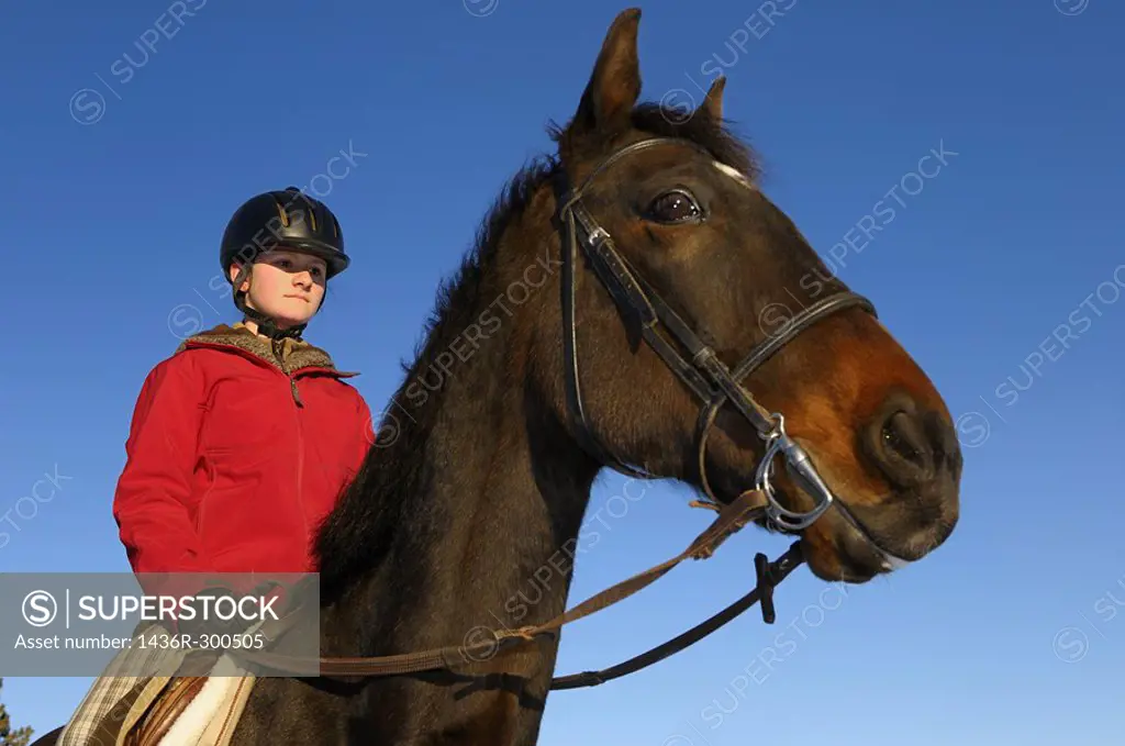 Young female rider in red jacket riding a horse against a blue sky