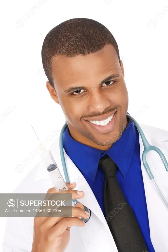 African American doctor holding a syringe