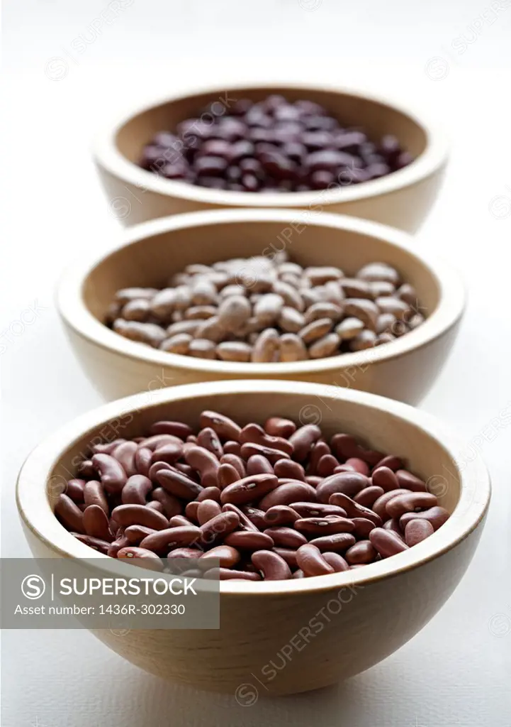 Assorted dried common beans in bowls