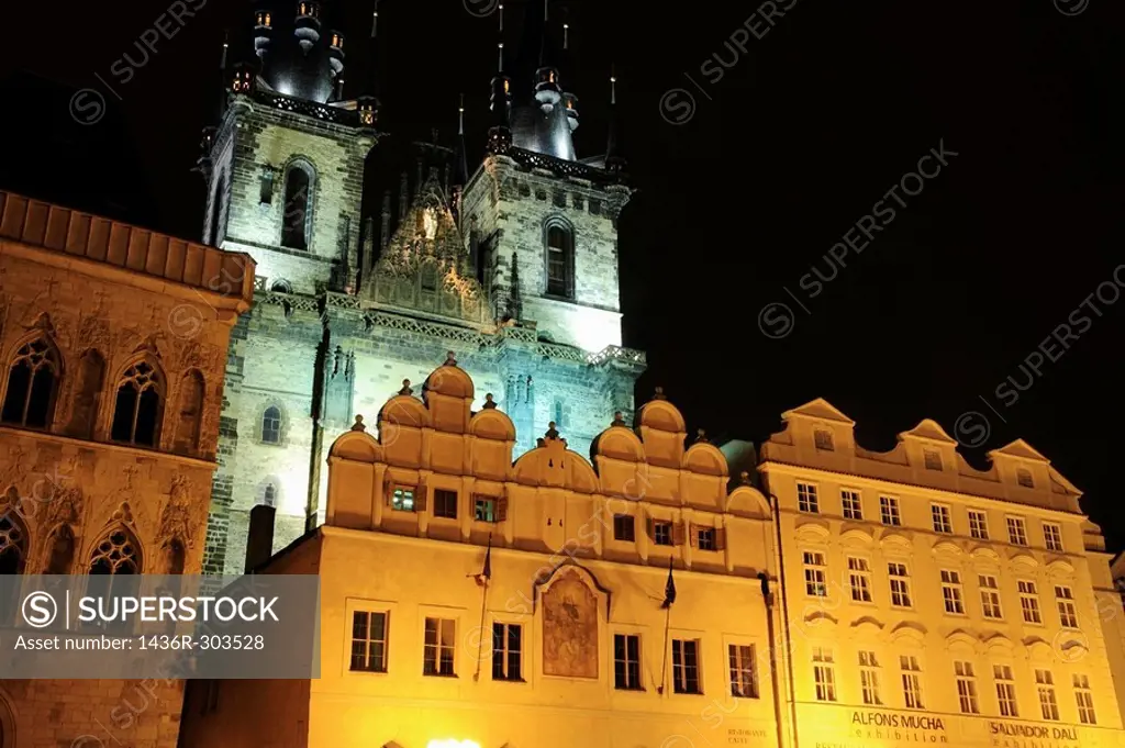 Tyn church in Staromestske Namesti Old Town Square at night, Prague, Czech Republic