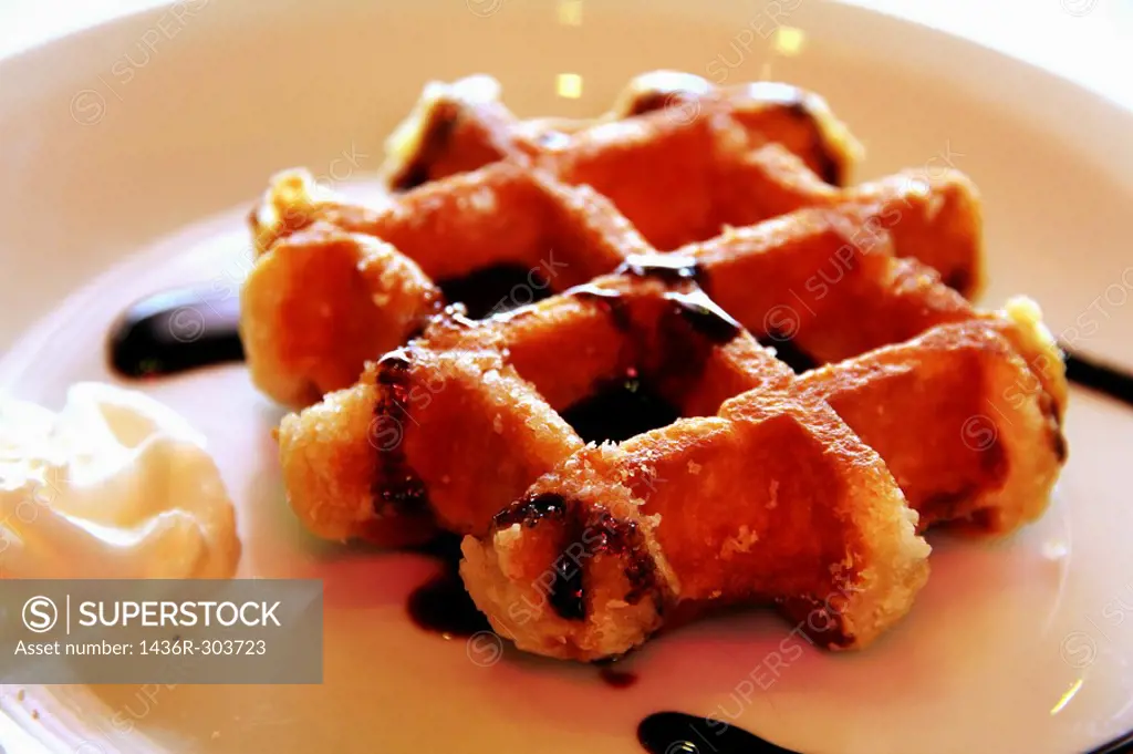 Belgian waffles  with cream and syrup, Gaufres, Belgium, Europe