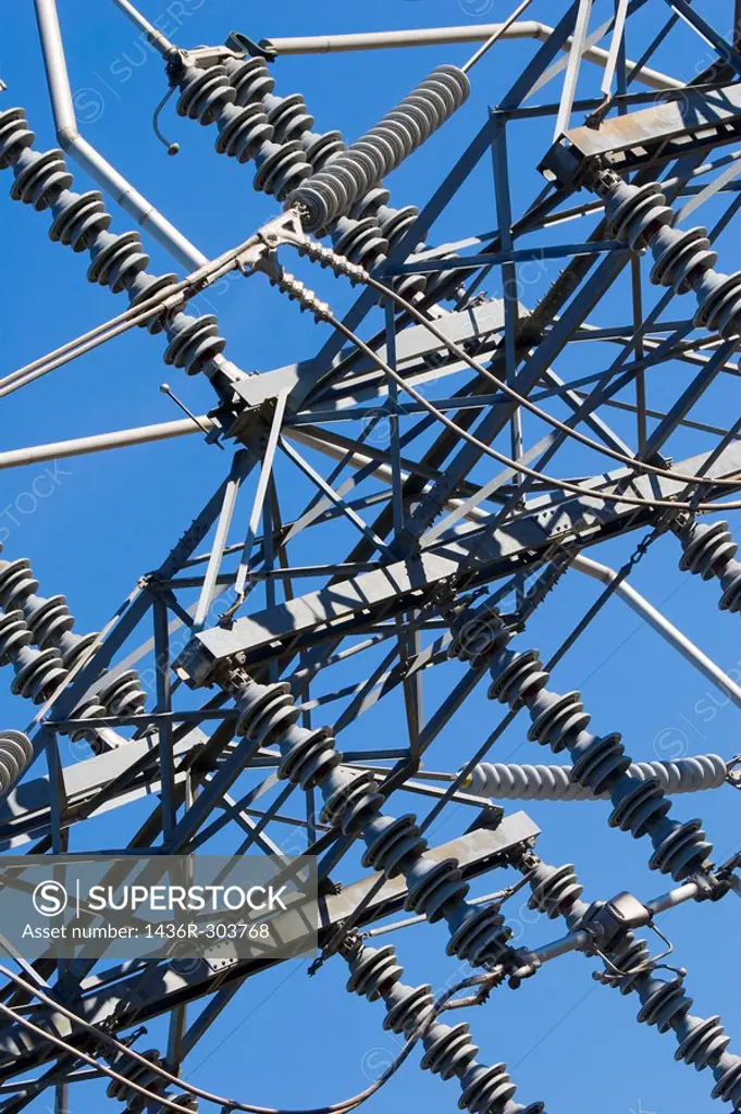 Closeup of high voltage insulators at an electrical power plant substation  Livermore, California