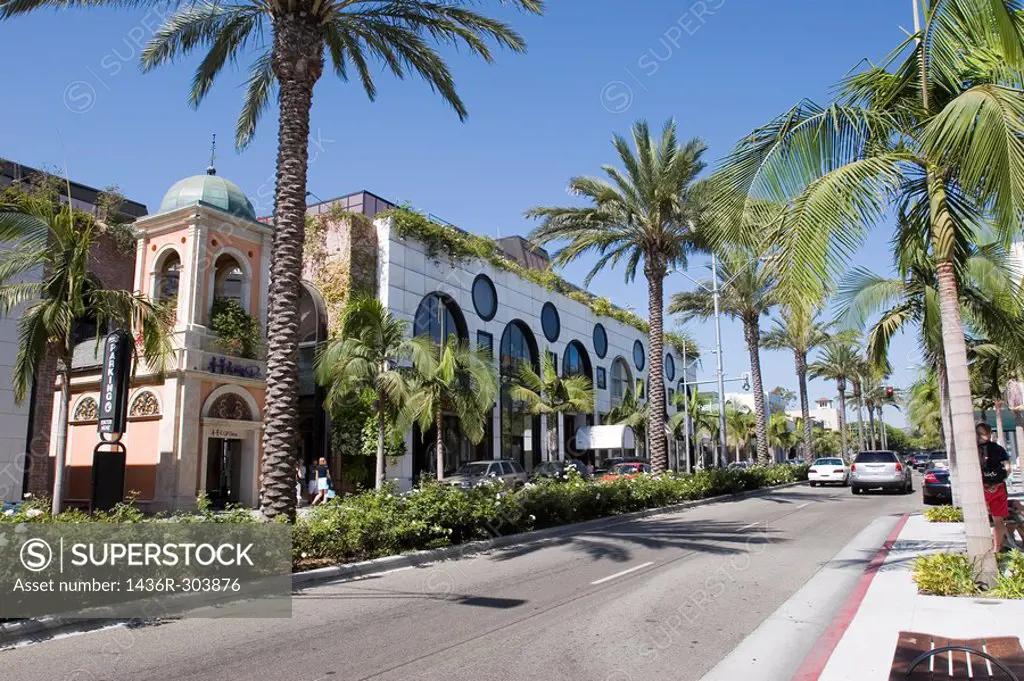 Street scene on Rodeo Drive, Beverly Hills, Los Angeles, California  Palm trees line both sides of the street and the landscaped center divide, and pe...