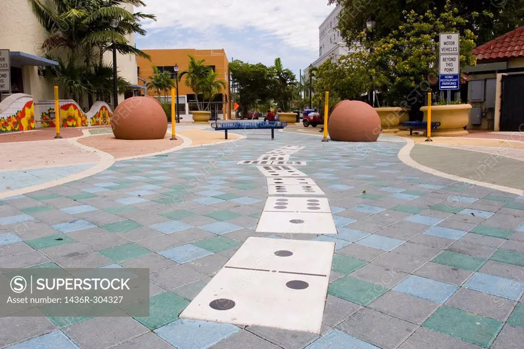 Domino design embedded in the pavement of Maximo Gomez Park, leading to the Domino Club in Little Havana, where Cuban-Americans play dominoes  Calle O...