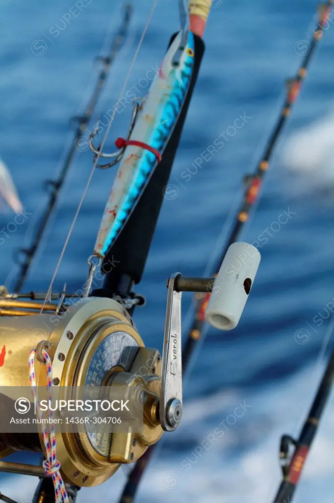 Fishing rods onboard a boat in the Mediterranean Sea, France.