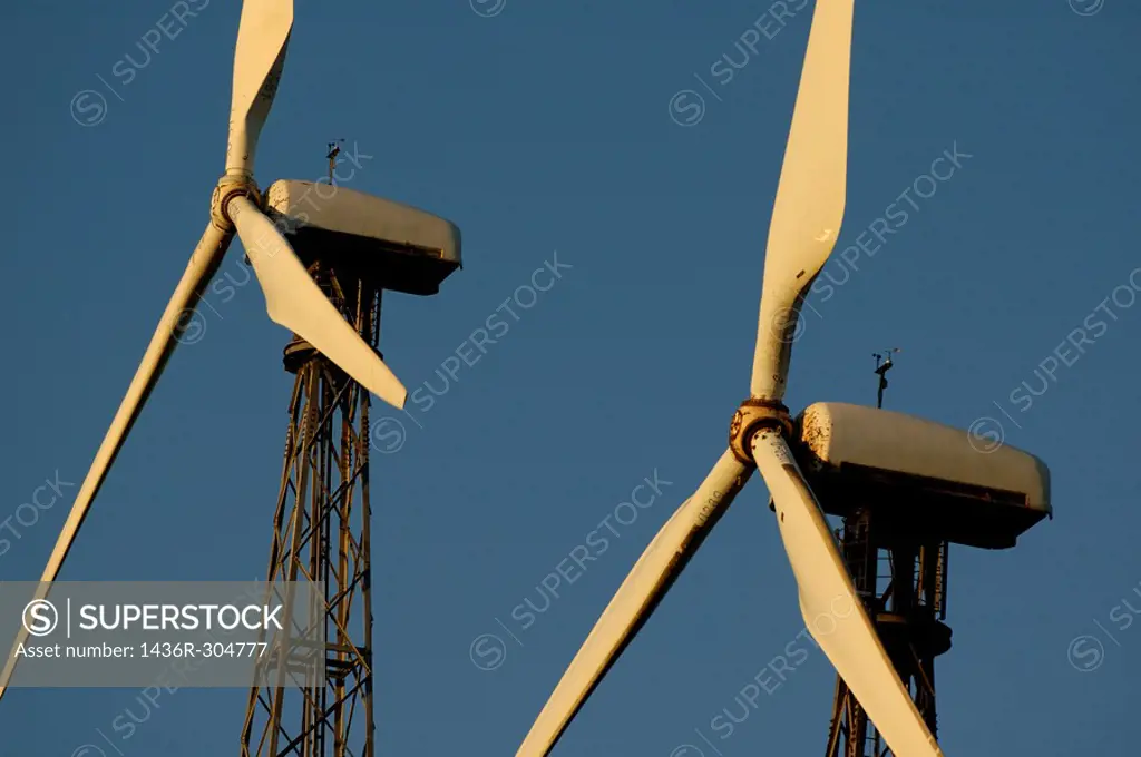 Wind turbines against blue sky, Tarifa, Andalusia, Spain.