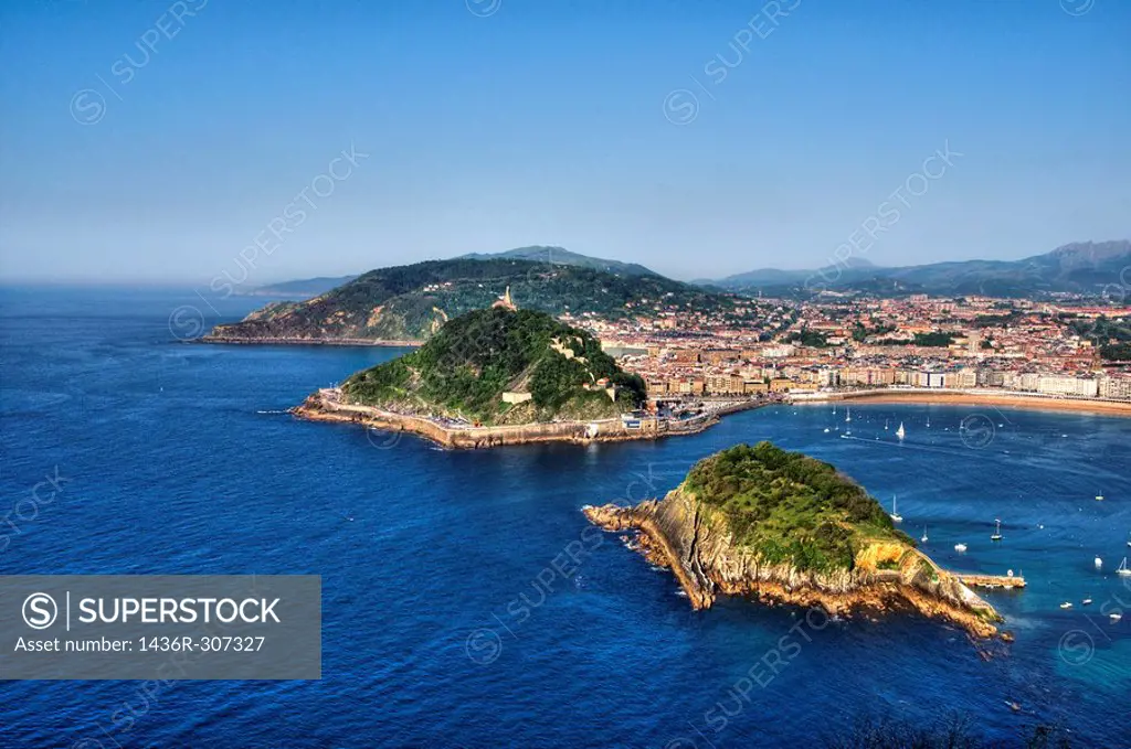 View of Santa Clara Island, Urgull and Ulia mountains, from Igueldo Mountain, Donostia-San Sebastián, Guipuzcoa, Basque Country, Spain