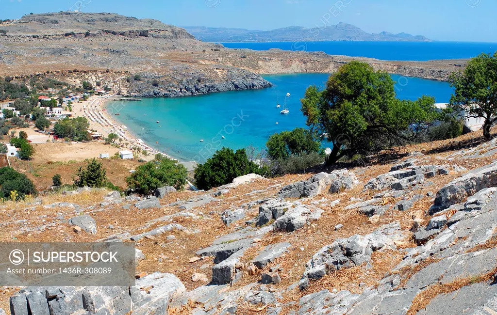 A view of the beach of Lindos from the hillside Island of Rhodes Greece