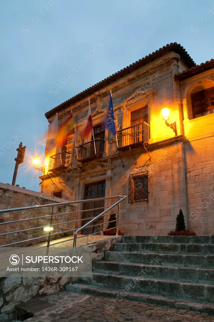 Facade of town hall at night. San Vicente de la Barquera, Cantabria province, Spain.