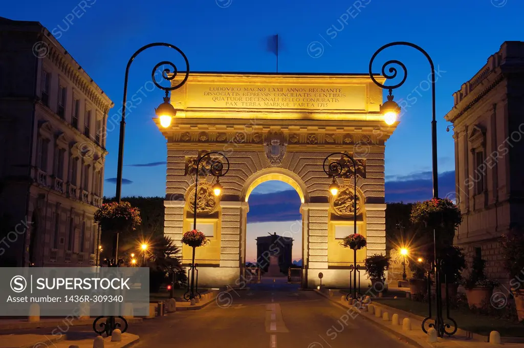 Triumphal Arch at dusk, Montpellier, Herault, Languedoc-Roussillon, France