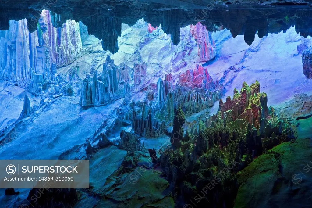 The beautifully illuminated Reed Flute Caves displaying the ´Crystal Palace of the Dragon King´ formations  Located in Guilin, Guangxi Provine, China